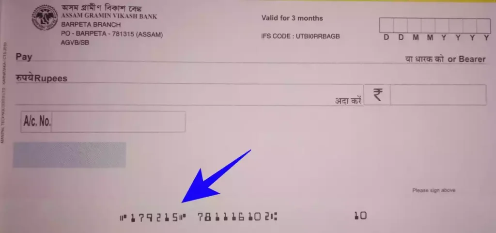 A cheque of Assam Grameen Vikash Bank